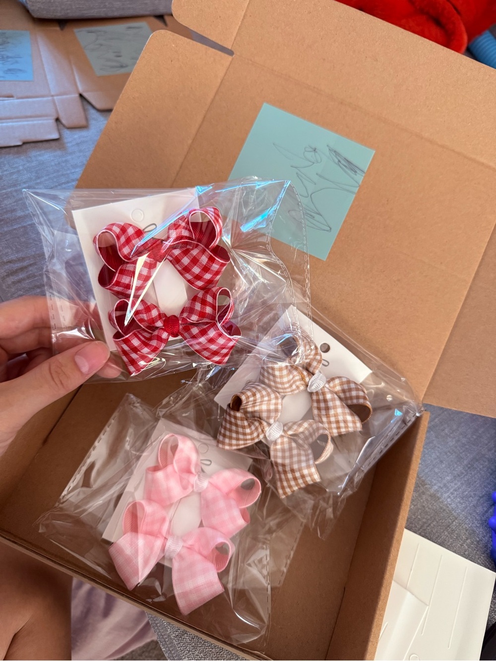 Kids Gingham Bow Hair Clips - Red, Pink & Brown
